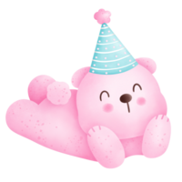 the celebratory pink bear wearing a pastel blue party hat png