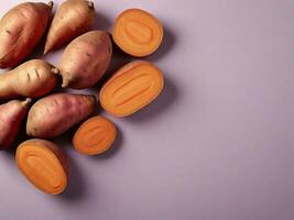 Top view of Sweet potatoes against pastel background with space for text, background image, generative AI photo