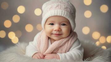 A Smiling newborn baby girl against winter ambience background with space for text, children background image, AI generated photo