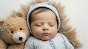 linda dormido bebé chico en contra blanco antecedentes con espacio para texto, niños antecedentes imagen, ai generado foto