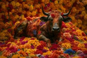 Bull flowers colorful lying. Generate Ai photo