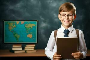 Smiling school boy with book pointing at something. Generate Ai photo