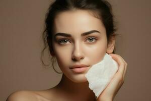 Young woman cleaning her face with cotton pad at home. Generate Ai photo