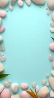 a pastel background surrounded by beautiful pebbles decoration, vertical format, background image, generative AI photo