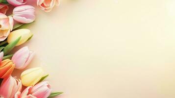 space for text on pastel background surrounded by beautiful decorative tulip flowers, background image, AI generated photo