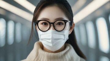 hermosa chino hembra vistiendo cara máscara y lentes retrato con espacio para texto, antecedentes imagen, ai generado foto