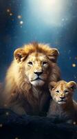 Textured background surrounded by cute lion cubs, background image, vertical format, generative AI photo