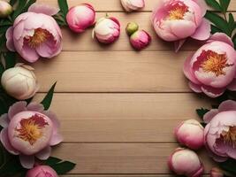 Wooden background surrounded by Peony flowers from top view, background image, generative AI photo