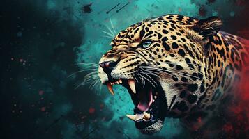 space for text on textured background surrounded by an angry male jaguar in water color style, background image, AI generated photo