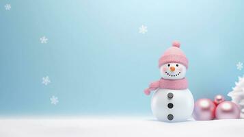 space for text on pastel background surrounded by christmas snowman, background image, AI generated photo