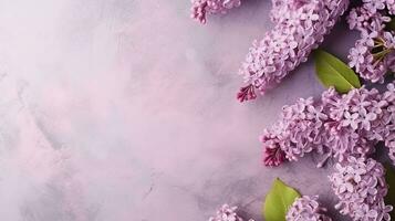 space for text on textured background surrounded by Lilac flowers from top view, background image, AI generated photo