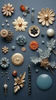 a textured background surrounded by Brooches Pins, vertical format, background image, generative AI photo