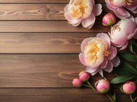 Wooden background surrounded by Peony flowers from top view, background image, generative AI photo