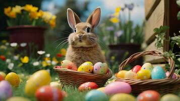 Easter bunny delivering colorful Easter eggs, inviting text to discuss the symbolism of eggs, background image, AI generated photo