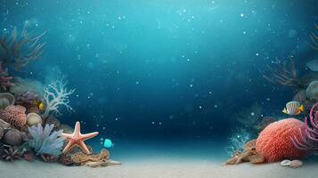 space for text on textured background surrounded by beautiful sea creatures, background image, AI generated photo