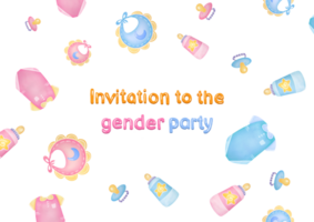 Aquarell Hand gezeichnet Einladung Karte auf transparent Hintergrund. Geschlecht verraten Party Banner mit Blau und Rosa Westen, Overall, Lätzchen, Taschentücher, Schnuller, Flaschen. Mädchen oder Junge Flyer Design png