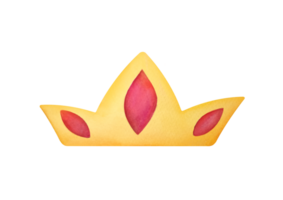 clip art watercolor yellow gold king crown with red gem stone ruby, garnet, sapphire for princess on transparent background. cutout Hand drawn diadem illustration. monarchs Royal Jewelry Accessory png