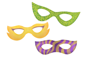 mardi gras karneval masker klämma konst uppsättning. fett tisdag karneval mask skära ut samling. festival maskerad Tillbehör isolerat på transparent bakgrund illustration. opera och teater kostym element png