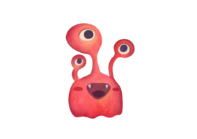 clipart watercolor baby red character similar to alien, monster, microbe on transparent background. cartoon Smiling pathogen bacteria with three eyes. scary funny viruses, cute microorganisms, germs png