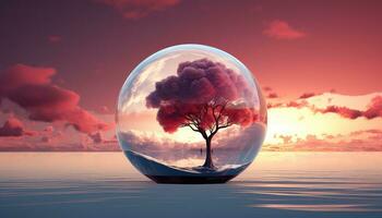 Large Circular Structure with Pink Clouds and Trees AI generated photo