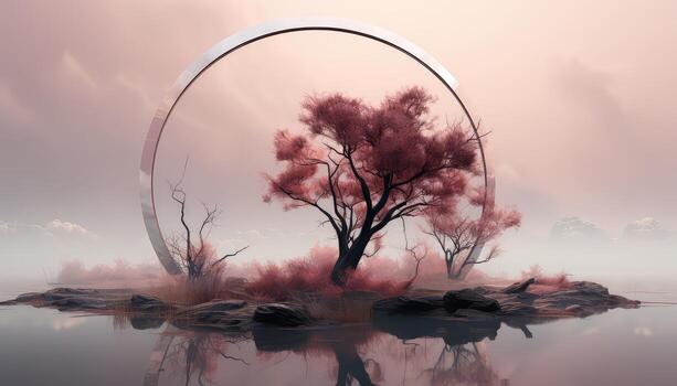 Large Circular Structure with Pink Clouds and Trees AI generated photo