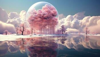 Large Circular Structure with Pink Clouds and Trees AI generated photo