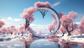 Large Circular Structure with Pink Clouds and Trees AI generated photo