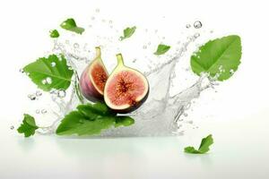 Piece of fresh fig and green leaves water splash. Generate Ai photo