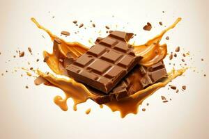 Chocolate bar with yummy caramel splash block dessert. Generate Ai photo