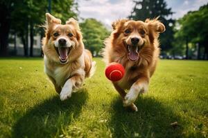 Two red dogs playing with a ball in the park on the grass, Two dogs running with red ball in mouth on green grass in park, AI Generated photo