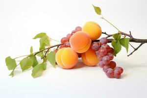 Fresco albaricoques y uvas en un blanco antecedentes. aislado, dos duraznos y uvas rama en blanco fondo, ai generado foto