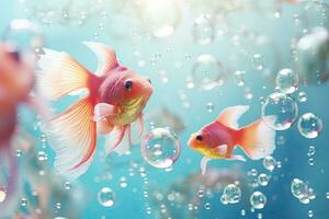 Goldfish in aquarium with bubbles and water background, underwater life concept, Underwater view of a pile of garbage in the ocean. 3d rendering, AI Generated photo