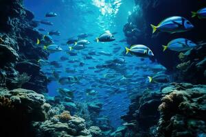 School of fish in the Red Sea. Egypt, Sharm El Sheikh, Underwater divers shoals of fish. 8k Ultra HD, AI Generated photo