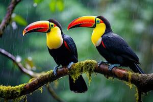 Toucan couple sitting on a branch in rain forest, Thailand, Two toucans sitting on the branch in the rainforest, AI Generated photo