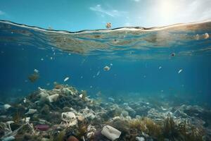 Underwater view of a seabed with trash and plastic bottles, Underwater view of a pile of garbage in the ocean. 3d rendering, AI Generated photo