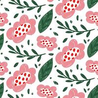 Colorful illustration of a seamless floral pattern. Background with floral doodles in children's style, funny wallpaper with basic forms of nature. abstract shapes of flowers and leaves. Hatching pink vector