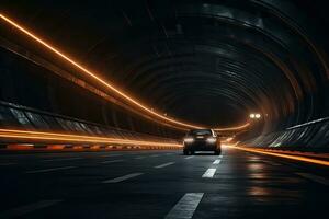 Car on the road in tunnel. 3d rendering toned image, Underground tunnel with moving cars at night. View from below, AI Generated photo