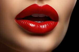 Beautiful female lips with red lipstick on black background, closeup, Ultra close - up view of beautiful sexy female lips, AI Generated photo