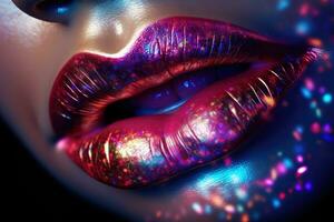 Close up of beautiful female lips with bright makeup. Beauty, fashion, ultra close up ai generated illustration of a woman's lips with vivid lipstick with glitter, AI Generated photo