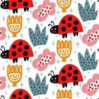 Colorful illustration with seamless floral pattern and ladybug. Background with floral doodles in a childish style, funny with the basic forms of nature. Abstract shapes of flowers, ladybug, shrubs. vector