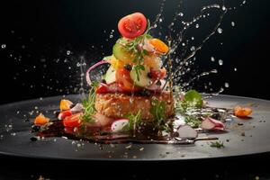 delicioso Bruschetta en negro plato con salpicaduras de agua, quitar el velo el culinario arte con macro comida fotografía, capturar Agua en la boca detalles y atractivo apreciación, ai generado foto