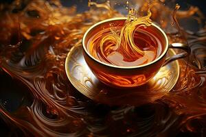 Cup of tea on abstract background. 3d illustration. Toned, Unveil the allure of coffee or tea through macro photography. capture mesmerizing patterns, swirls, and the comforting, AI Generated photo