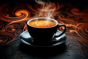 Cup of coffee on a dark background with smoke and fire, Unveil the allure of coffee or tea through macro photography. capture mesmerizing patterns, swirls, and the comforting, AI Generated photo