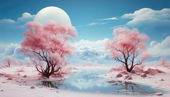 Hyperrealistic Pink Clouds and Trees The Large Circular Structure AI generated photo