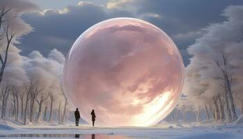 Hyperrealistic Pink Clouds and Trees The Large Circular Structure AI generated photo