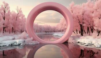 Hyperrealistic Pink Clouds and Trees The Large Circular Structure AI generated photo