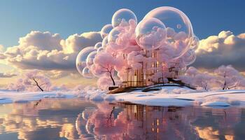 Hyperrealistic Pink Clouds and Trees The Large Circular Structure AI generated photo