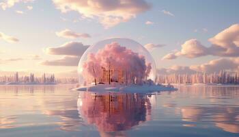 Hyperrealistic Pink Clouds and Trees The Large Circular Structure AI generated photo