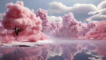 Hyperrealistic Pink Clouds and Trees The Large Circular Structure AI generated photo