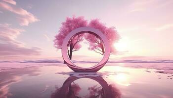 Hyperrealistic Pink Clouds and Trees The Large Circular Structure AI generated photo